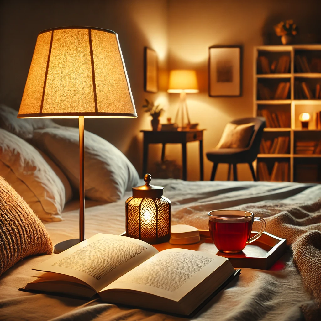 Dall·e 2025 01 22 12.07.44 A Relaxing Indoor Reading Scene Featuring An Open Book On A Neatly Made Bed With A Glowing Bedside Lamp. The Setting Is Cozy, With Warm Lighting, Soft